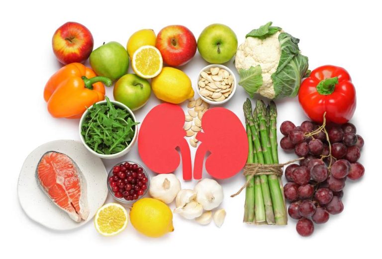 ''assorted kidney-friendly foods arranged around a kidney icon, symbolizing diet for kidney care.''